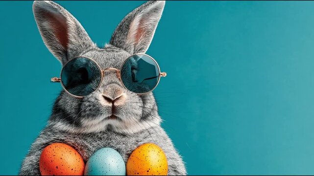 Funny gray Easter bunny wearing stylish sunglasses and surrounded by three colorful speckled eggs on a bright blue background. A playful and modern twist on traditional Easter imagery.