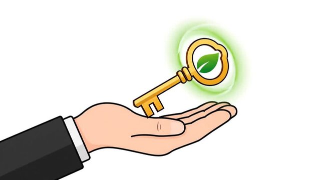 Golden Key with Green Leaf Symbol Held in Hand.