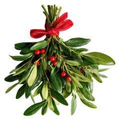 mistletoe bouquet with red ribbon isolated on transparent background