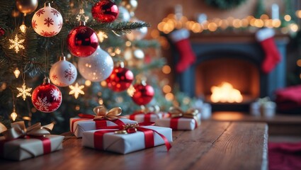 Cozy christmas interior scene with christmas tree and presents