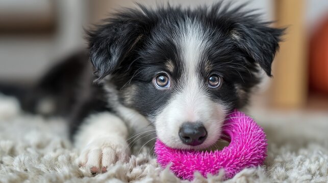 Male Border Collie puppy on carpet playing with a pink toy