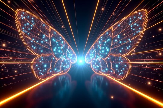 Neon butterfly wings glow blue and orange against dark background, radiant particles swirl around in cosmic digital light.