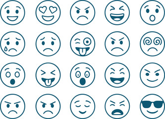 Collection of expressive emoji icons, showcasing a range of emotions from joy and love to anger and confusion in a simple, clean design