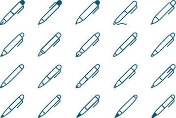 Collection of pen icon designs, showcasing various styles and types of writing instruments in a simple and elegant line art