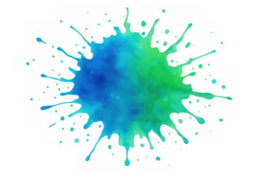 Vibrant blue and green watercolor paint splash creating an expressive artistic background with splatter texture