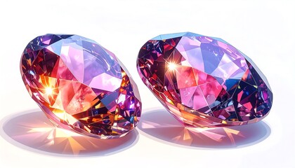 Two oval-cut gemstones with dazzling facets, showcasing brilliant colors of pink, purple, and orange, reflect light against a white surface
