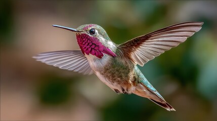 Fototapeta premium Male calliope hummingbird flying in New Mexico USA