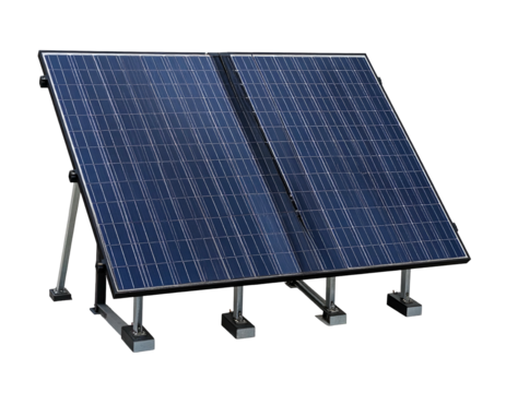 Angled rectangular photovoltaic array; blue panels atop metal support structure