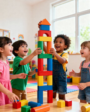 Happy Preschool Children Building a Tall Tower with Colorful Blocks in the Classroom