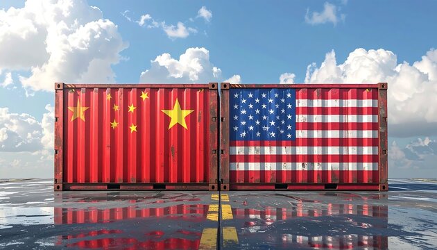 Two juxtaposed shipping containers depict the flags of China and the United States, symbolizing international trade and economics - Powered by Adobe