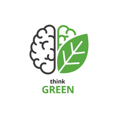 Brain symbol with a green leaf, representing ecological thinking, sustainable lifestyle, and environmental ideas.