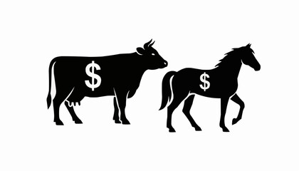 Profitable livestock investment symbols showing money in cow and horse silhouettes