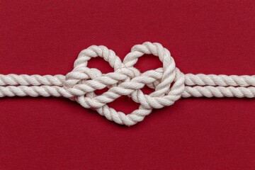 Simple romantic flat lay with rope heart on red paper.