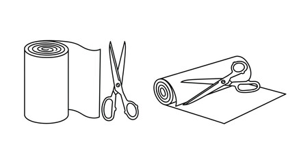 Line art illustration of ribbon roll scissors and a cut ribbon piece
