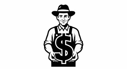 Confident farmer proudly displays large dollar sign symbol for agricultural business success and profit