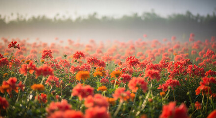 Beautiful field of red and orange flowers in dreamy morning mist and fog