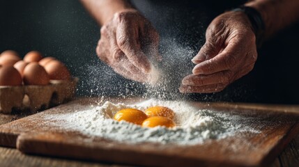 Male hands adding eggs to baking powder on a cutting board