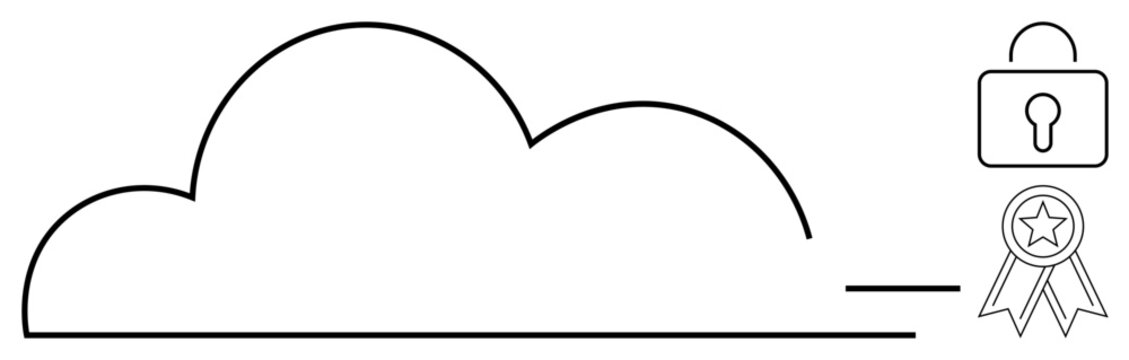 Cloud outline with padlock and certificate icon symbolizes secure cloud storage, data protection, and trust. Ideal for cybersecurity, technology, encryption, privacy, trust, certification simple