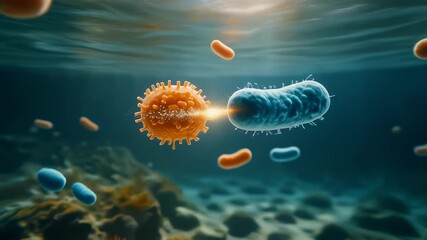 Microscopic cinematic animation Bacillus bacteria attaching to and interacting with other microorganisms in a vibrant underwater environment