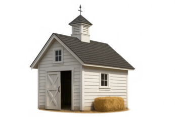 Small white wooden barn or shed with a hay bale at its base, featuring a dark roof and cupola, on transparent background