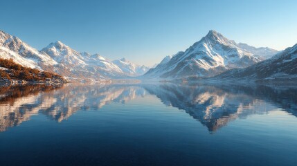 Naklejka premium serene landscape of a tranquil lake reflecting snowy mountains and a clear blue sky capturing natures perfect symmetry