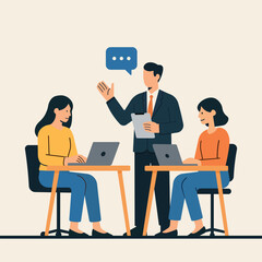 Features modern professionals engaged in various workplace activities, symbolizing teamwork, communication, and productivity in a corporate environment.