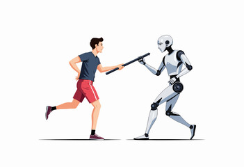 Obraz premium A dynamic encounter between a human runner and a futuristic robot highlighting interaction and technology evolution captured in a stark contrasting illustration.