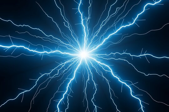 Electric blue lightning bolts radiate from central flash against deep black, creating dynamic, energetic cosmic burst.