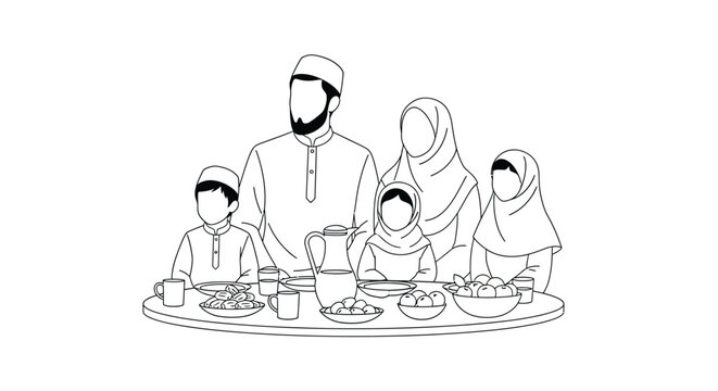 muslim family dining together, black and white clip art preview
