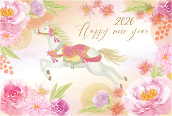 水彩手書きのおしゃれな花の年賀状テンプレート