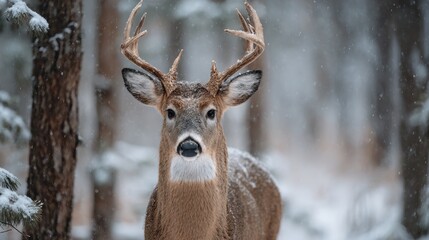 Male white tailed deer without antlers in a snowy woodland
