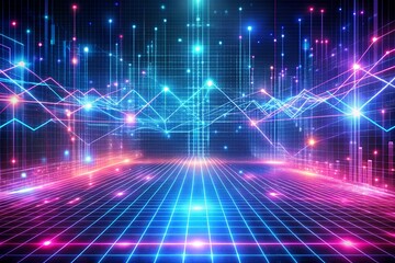 Futuristic digital network grid with neon lights and data streams in a cyberpunk cityscape