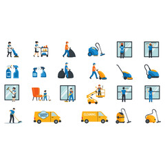 Set of professional cleaning service staff, janitors, and housekeeping crew with various equipment vector icons.