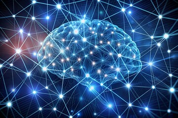 Abstract glowing neural network overlay on a digital human brain illustration symbolizing artificial intelligence and connectivity
