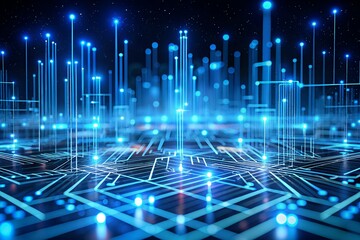Abstract blue glowing digital network with interconnected lines and nodes on a dark background
