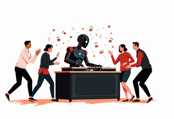 Futuristic Robot DJ Energizes Enthusiastic Crowd Dancing to Music in a Vibrant and Lively Atmosphere with Cutting-Edge Technology and Dynamic Sound