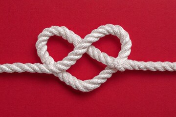 Valentine background with rope heart design on red surface.