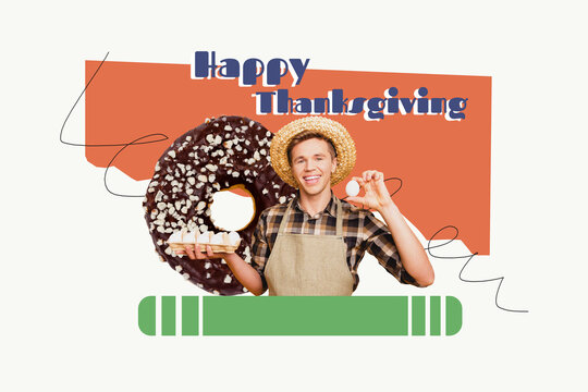 Art sketch 3d image full collage of happy farmer man hold egg sweet donut autumn thanksgiving day harvest holiday celebration