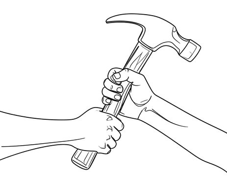 Two hands firmly grip a hammer, suggesting teamwork or a transfer. The grayscale image shows a close-up perspective