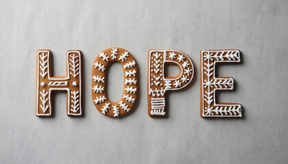 Front view of gingerbread cookies shaped as letters spelling HOPE decorated with white icin