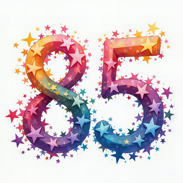 A vibrant 85th birthday celebration with bold, multicolored numbers and a background filled with stars.