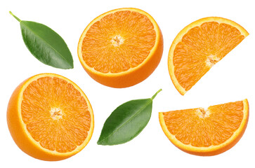 Half an orange, pieces and leaves isolated, transparent PNG, PNG format, Oranges with juicy flesh, Collection, cut out