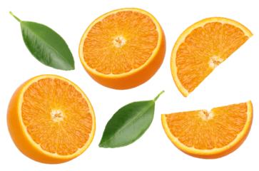 Half an orange, pieces and leaves isolated, transparent PNG, PNG format, Oranges with juicy flesh, Collection, cut out