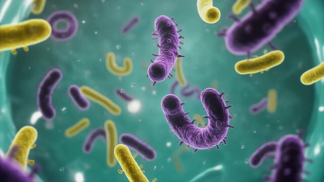 A vibrant cinematic microscopic scene showcases diverse mixed bacteria species, including rod, spiral, and coccus forms, actively thriving within a complex fluid environment