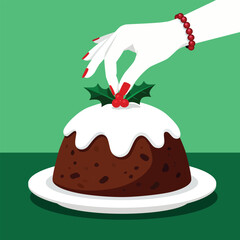 Elegant hand decorates festive Christmas pudding