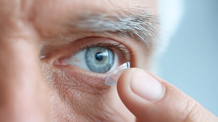 In a soft-lit room, a person focuses intently while handling a contact lens, preparing to apply it to their eye. Their gentle touch reflects care in the daily routine of eye care