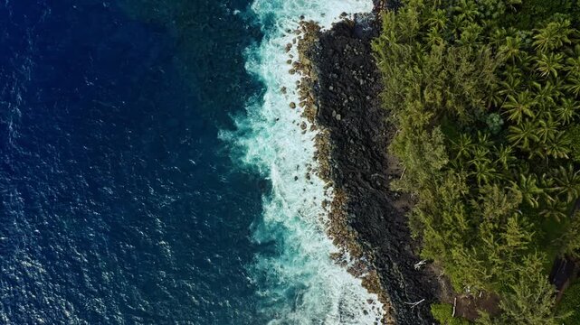 From above, the Pacific&rsquo;s sapphire waves crash against Hawaii&rsquo;s volcanic coast, tracing a vivid border where dark rock meets lush tropical forest and the living edge of the island breathes.