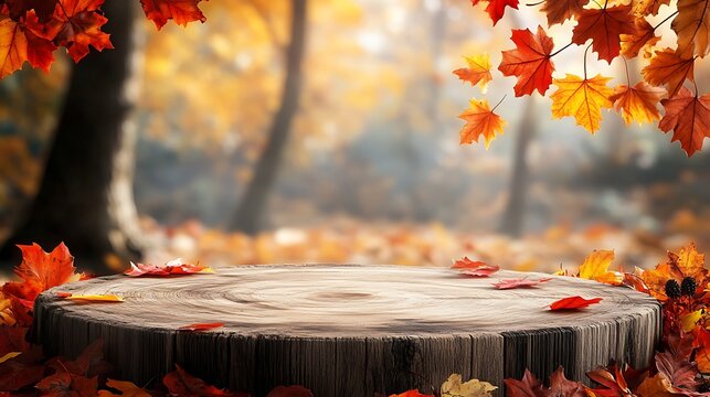 Rustic tree stump display in autumn forest isolated on white background