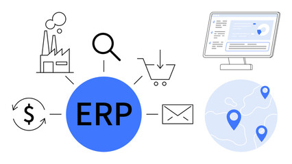 ERP hub links to a factory, email, financial cycle, cart, search, tracking pins, screen. Ideal for management logistics finance communication technology business workflow integration. Simple