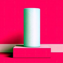 A light green cylinder stands on a pink cube, set against a vibrant pink background with subtle shadows.